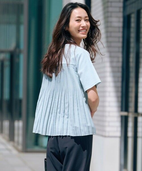 L size ONWARD(大きいサイズ)/エルサイズオンワード 【洗える】コットンスムース バック プリーツ カットソー アクアグリーン系 T13