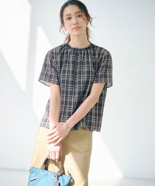 L size ONWARD(大きいサイズ) / エルサイズオンワード カットソー | 【洗える】シアーストライプ＆チェック ブラウスライク カットソー | 詳細17