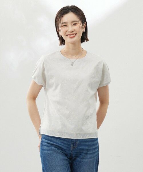 L size ONWARD(大きいサイズ)/エルサイズオンワード 【洗える】シアーエンブロイダリー カットソー グレージュ系 T15