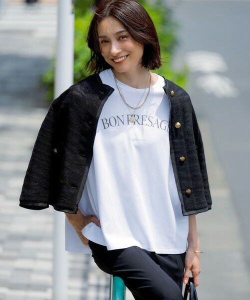 L size ONWARD(大きいサイズ)/エルサイズオンワード 【接触冷感/洗える】BON-PRESAGE ロゴ フレンチスリーブ Tシャツ ホワイト系 44 L size ONWARD(大きいサイズ)/エルサイズオンワード 【接触冷感/洗える】BON-PRESAGE ロゴ フレンチスリーブ Tシャツ ホワイト系 44