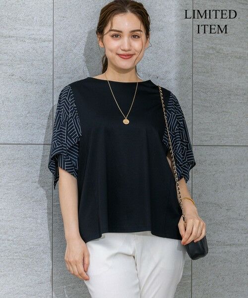 L size ONWARD(大きいサイズ)/エルサイズオンワード 【Lサイズ限定/洗える】スカーフプリントコンビ スリーブデザイン カットソー ブラック×ベージュ 44