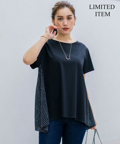 L size ONWARD(大きいサイズ)/エルサイズオンワード 【Lサイズ限定/洗える】スカーフプリントコンビ バックフレア カットソー ブラック×ベージュ 44