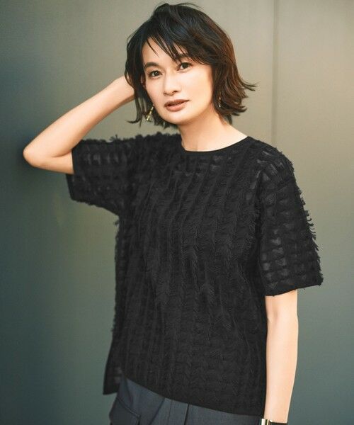 L size ONWARD(大きいサイズ)/エルサイズオンワード 【セットアップ対応・洗える】シアーカットジャカード ニット ブラック 46 L size ONWARD(大きいサイズ)/エルサイズオンワード 【セットアップ対応・洗える】シアーカットジャカード ニット ブラック 46