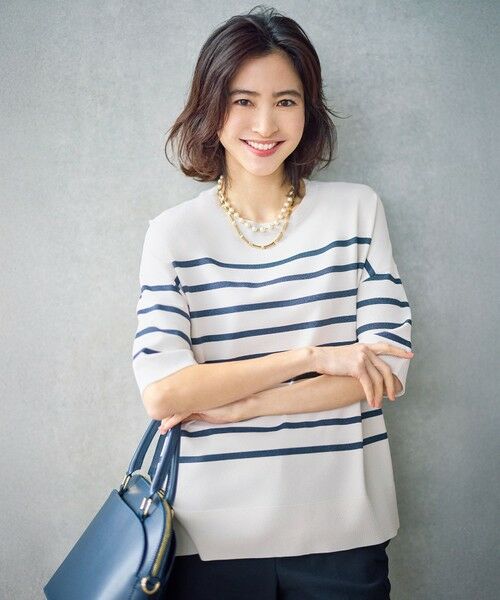 L size ONWARD(大きいサイズ) / エルサイズオンワード ニット・セーター | 【カタログ掲載・素材アップデート・新色追加・新柄追加・前後差あり】クレープストレッチプルオーバー ニット（[新色]ベージュ×ネイビーボーダー）