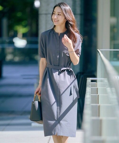 L size ONWARD(大きいサイズ)/エルサイズオンワード 【洗える・吸水速乾】DRYライトサッカー ワンピース スレート系 T15