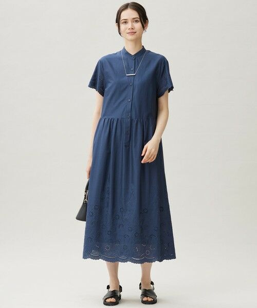 L size ONWARD(大きいサイズ)/エルサイズオンワード 【17号サイズまで展開・カタログ掲載・接触冷感・洗える】エンブロイダリーローンシャツ ワンピース コバルトブルー 48