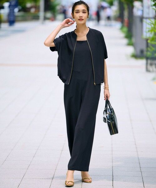 L size ONWARD(大きいサイズ)/エルサイズオンワード 【一部店舗限定/吸水速乾/UVカット/接触冷感/洗える】ストレッチジョーゼット オールインワン ネイビー系 48 L size ONWARD(大きいサイズ)/エルサイズオンワード 【一部店舗限定/吸水速乾/UVカット/接触冷感/洗える】ストレッチジョーゼット オールインワン ネイビー系 48