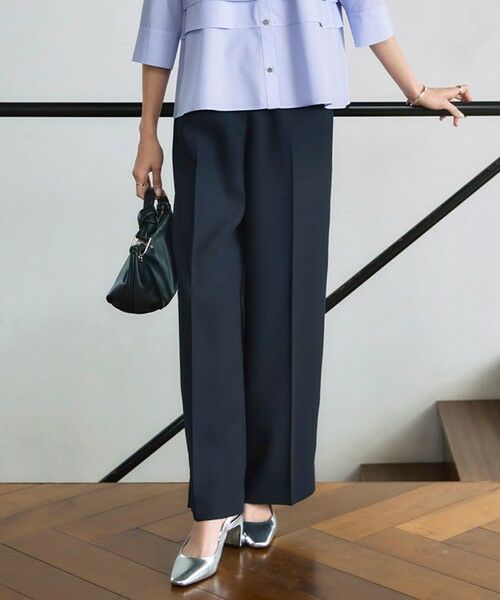 L size ONWARD(大きいサイズ)/エルサイズオンワード 【新色追加・UVケア・接触冷感・速乾・防シワ・洗える】 FluidBackSatin ワイドパンツ ネイビー系 46