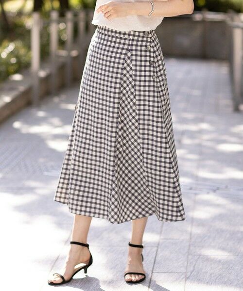 L size ONWARD(大きいサイズ)/エルサイズオンワード 【洗える】アセVisギンガム フレアー スカート スレート×ベージュ系 T13