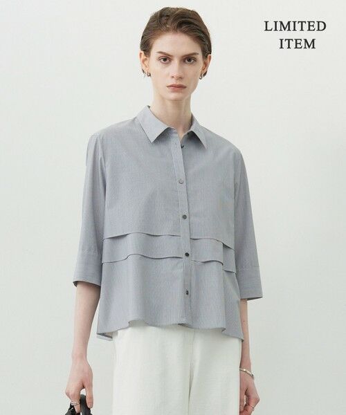 L size ONWARD(大きいサイズ) / エルサイズオンワード シャツ・ブラウス | 【WEB限定・洗える】クリーンブロード クロップドシャツ(ブラックストライプ系)