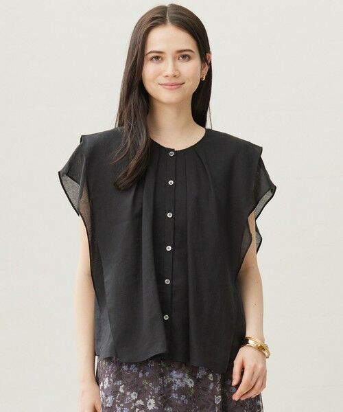 L size ONWARD(大きいサイズ)/エルサイズオンワード 【カタログ掲載・接触冷感・洗える】シアーラミーローンフリル ブラウス セピア 46