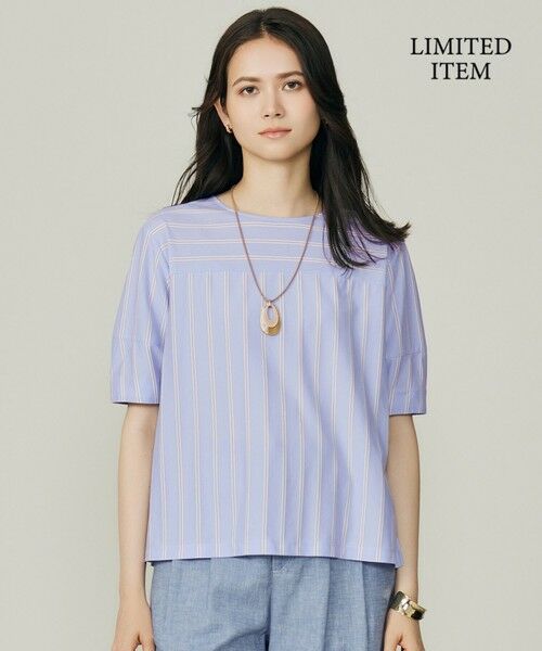 L size ONWARD(大きいサイズ) / エルサイズオンワード カットソー | 【WEB限定・洗える】ストライプハイゲージジャージー カットソー(サックス)