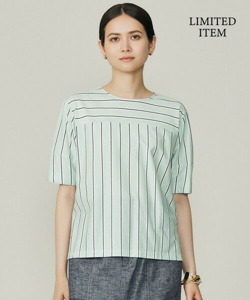 L size ONWARD(大きいサイズ) / エルサイズオンワード カットソー | 【WEB限定・洗える】ストライプハイゲージジャージー カットソー(グリーン)