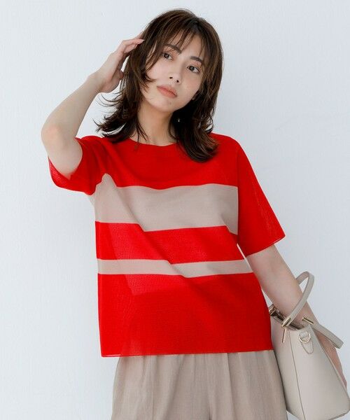 L size ONWARD(大きいサイズ)/エルサイズオンワード 【洗える】 シアースムースボーダー ニット レッド×チノベージュ系 L L size ONWARD(大きいサイズ)/エルサイズオンワード 【洗える】 シアースムースボーダー ニット レッド×チノベージュ系 L