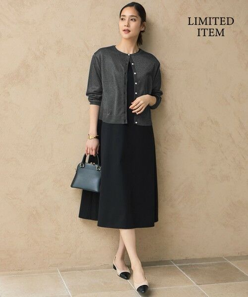 L size ONWARD(大きいサイズ) / エルサイズオンワード ロング・マキシ丈ワンピース | 【WEB限定・洗える】シアーカーデ×ジャージードレス セット(ブラック(ラメ)×ブラック)