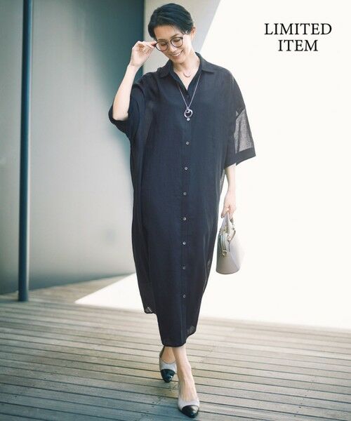 L size ONWARD(大きいサイズ) / エルサイズオンワード ミニ丈・ひざ丈ワンピース | 【カタログ掲載・WEB限定・接触冷感・洗える】シアーラミーローンシャツ ワンピース | 詳細4