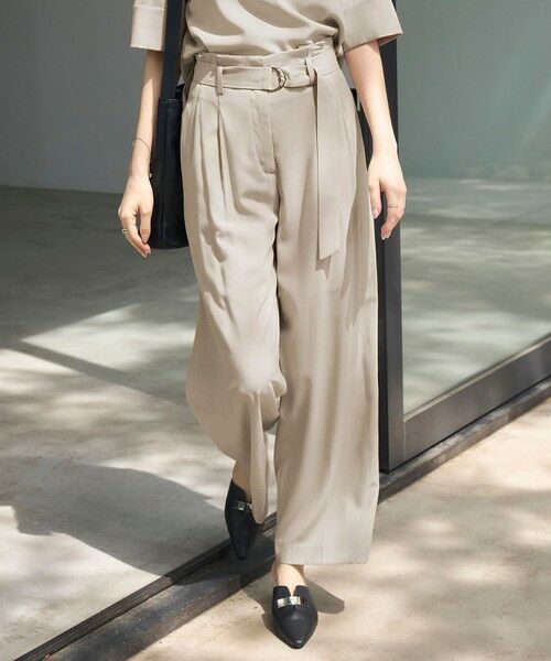L size ONWARD(大きいサイズ)/エルサイズオンワード 【接触冷感・UVカット・洗える】 T/Rドライリネン ワイドストレートパンツ ベージュ系 40