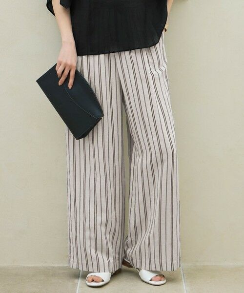 L size ONWARD(大きいサイズ)/エルサイズオンワード 【カタログ掲載・セットアップ対応・洗える】リネンビスコースストライプドロスト パンツ フラックス系 44