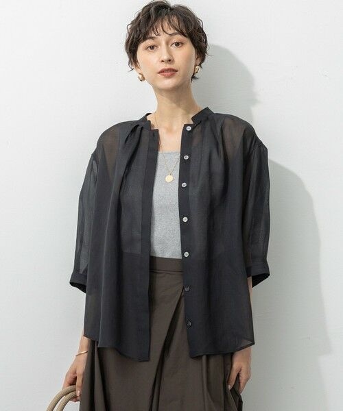 L size ONWARD(大きいサイズ)/エルサイズオンワード 【洗える】シアービエラ タックデザイン ブラウス ブラック系 44