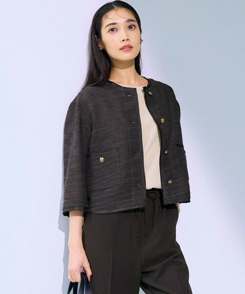 L size ONWARD(大きいサイズ) / エルサイズオンワード ノーカラージャケット | サマーツイード 7分袖 ジャケット(ダークブラウン系)