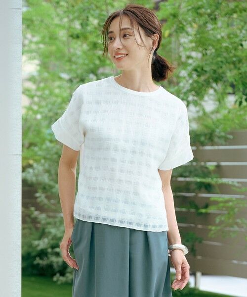 L size ONWARD(大きいサイズ)/エルサイズオンワード 【洗える】チェックコンビジャージー カットソー ホワイト系 T15 L size ONWARD(大きいサイズ)/エルサイズオンワード 【洗える】チェックコンビジャージー カットソー ホワイト系 T15