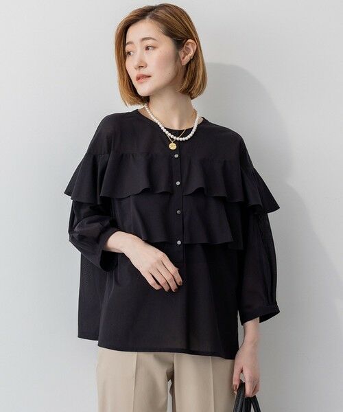 L size ONWARD(大きいサイズ)/エルサイズオンワード 【Oggi9月号掲載/洗える】クリアトリコットジャージー フリルデザイン カットソー ブラック系 44