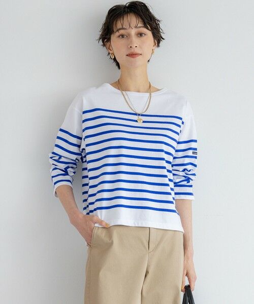 L size ONWARD(大きいサイズ)/エルサイズオンワード 【洗える】Armor-lux パネルボーダー 長袖Tシャツ オフ×ロイヤルブルー 46 L size ONWARD(大きいサイズ)/エルサイズオンワード 【洗える】Armor-lux パネルボーダー 長袖Tシャツ オフ×ロイヤルブルー 46