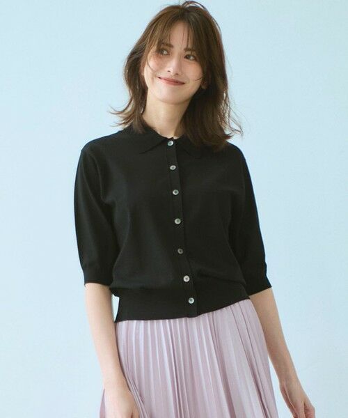 L size ONWARD(大きいサイズ)/エルサイズオンワード 【洗える/吊り干しOK】ヴィスコースストレッチ ポロニット カーディガン ブラック系 44