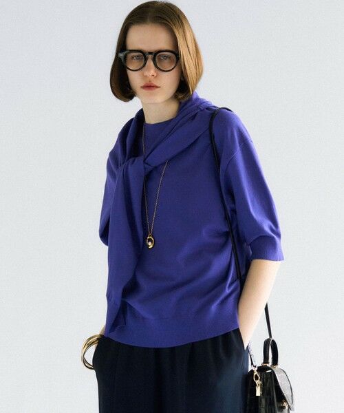 L size ONWARD(大きいサイズ) / エルサイズオンワード ニット・セーター | 【洗える/吊り干しOK】ヴィスコースストレッチ パフスリーブ ニット(ブルー系)