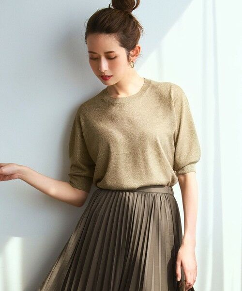 L size ONWARD(大きいサイズ)/エルサイズオンワード 【洗える】オータムメタリック ラメ ニットT ゴールド系 44