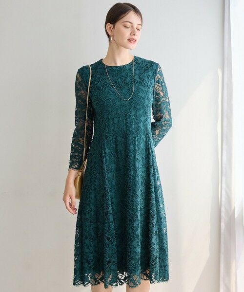 L size ONWARD(大きいサイズ) / エルサイズオンワード ドレス | 【APPLAUDIR】モールラインフラワーレース ドレス(フォレストグリーン系)