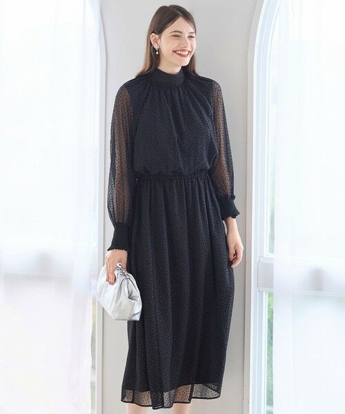 L size ONWARD(大きいサイズ)/エルサイズオンワード 【APPLAUDIR】シアードットフロッキー ドレス ブラック系 48