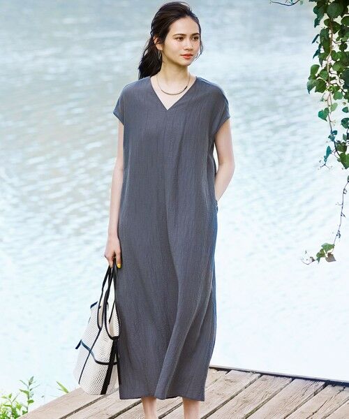 L size ONWARD(大きいサイズ)/エルサイズオンワード 【SLOW/一部店舗限定】ナチュラルピケワッシャー ワンピース ダルブルー系 46