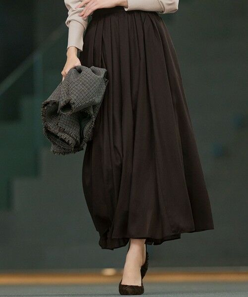 L size ONWARD(大きいサイズ)/エルサイズオンワード 【洗える】シアービエラ ギャザー スカート ダークブラウン系 46