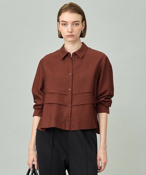 L size ONWARD(大きいサイズ)/エルサイズオンワード 【洗える】 ワッシャーツイル クロップドブラウス マホガニー系 40