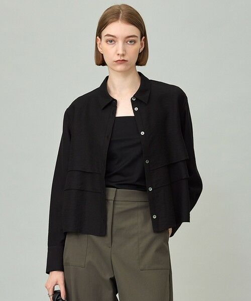 L size ONWARD(大きいサイズ)/エルサイズオンワード 【洗える】 ワッシャーツイル クロップドブラウス ブラック系 48 L size ONWARD(大きいサイズ)/エルサイズオンワード 【洗える】 ワッシャーツイル クロップドブラウス ブラック系 48