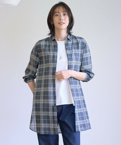 L size ONWARD(大きいサイズ)/エルサイズオンワード 【WEB限定カラーあり・洗える】SOFT SHEER チェック ロング シャツ スレートチェック系 T13 L size ONWARD(大きいサイズ)/エルサイズオンワード 【WEB限定カラーあり・洗える】SOFT SHEER チェック ロング シャツ スレートチェック系 T13