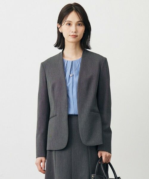 L size ONWARD(大きいサイズ)/エルサイズオンワード 【洗える】T/Rアルガンシルク ノーカラー ジャケット ライトグレー系 T15