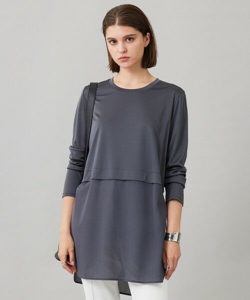 L size ONWARD(大きいサイズ) / エルサイズオンワード カットソー | 【洗える】シアージャージーコンビ カットソー(チャコール系)