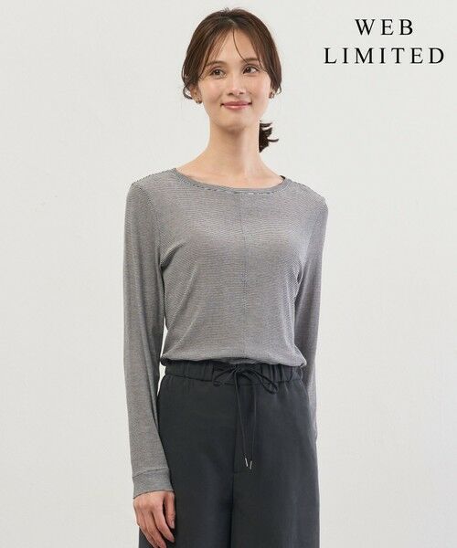 L size ONWARD(大きいサイズ) / エルサイズオンワード カットソー | 【WEB限定】シアーストレッチフライス クルーネック シアー カットソー(【WEB限定】オフ×ブラックボーダー系)