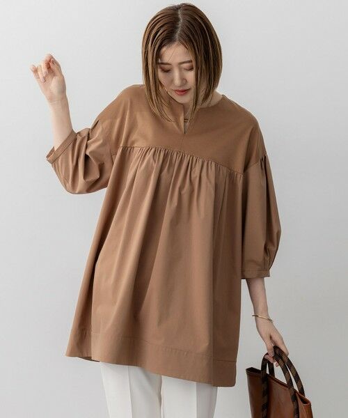 L size ONWARD(大きいサイズ)/エルサイズオンワード 【洗える】シルキータフタコンビ チュニック カットソー キャメル系 44