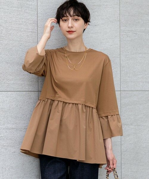 L size ONWARD(大きいサイズ)/エルサイズオンワード 【洗える】シルキータフタコンビ ペプラム カットソー キャメル系 46