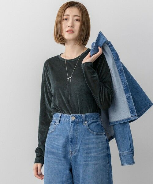 L size ONWARD(大きいサイズ)/エルサイズオンワード 【洗える】シアーベロア ロングスリーブ Tシャツ ダークグリーン系 44