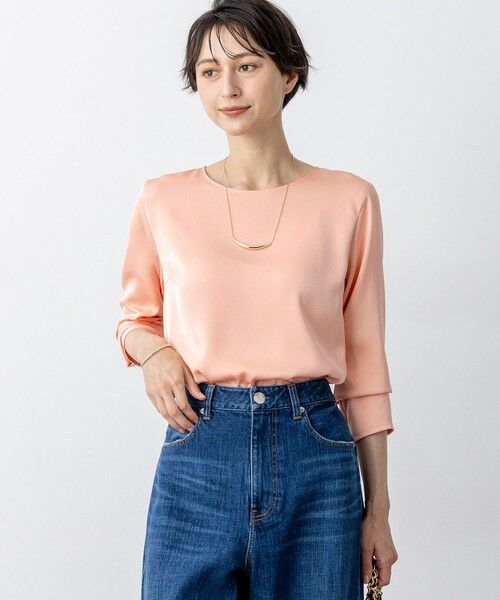 L size ONWARD(大きいサイズ) / エルサイズオンワード カットソー | 【洗える】サテン ロングスリーブ Tシャツ(ライトオレンジ系)