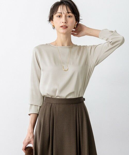 L size ONWARD(大きいサイズ) / エルサイズオンワード カットソー | 【洗える】サテン ロングスリーブ Tシャツ(ブラウン系)