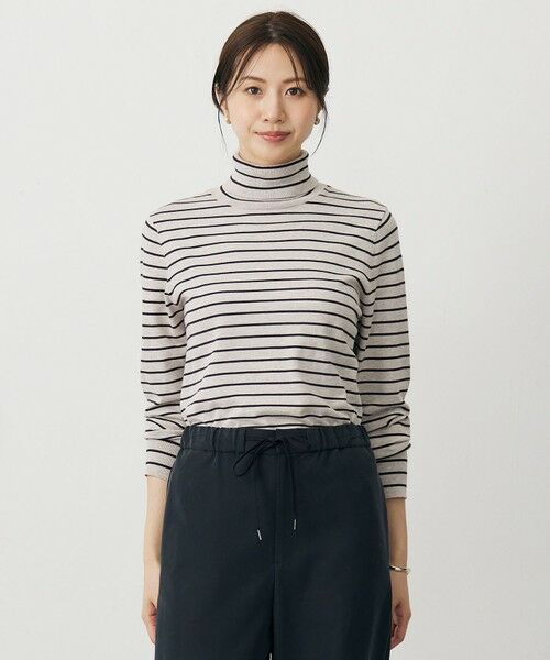 L size ONWARD(大きいサイズ)/エルサイズオンワード 【人気のため新色追加】PRINCE タートルネック ニット トップベージュ×ダークブラウン系 T15