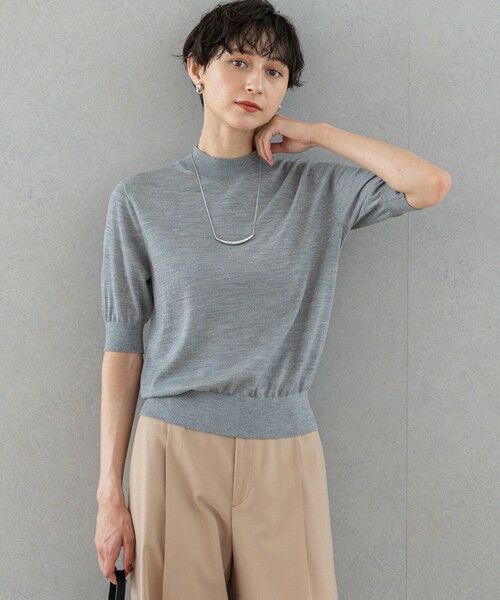 L size ONWARD(大きいサイズ)/エルサイズオンワード 【洗える】サステナブルウール モックネック 5分袖 ニット ライトグレー系 44