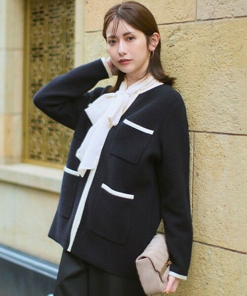 L size ONWARD(大きいサイズ) / エルサイズオンワード その他アウター | 【洗える】ミニブークレニット バイカラー ジャケット(ブラック×ベージュ)