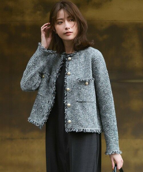 L size ONWARD(大きいサイズ)/エルサイズオンワード 【見上愛さん着用/GLOW11月号掲載】ツイード ニット ジャケット ブルーミックス 46