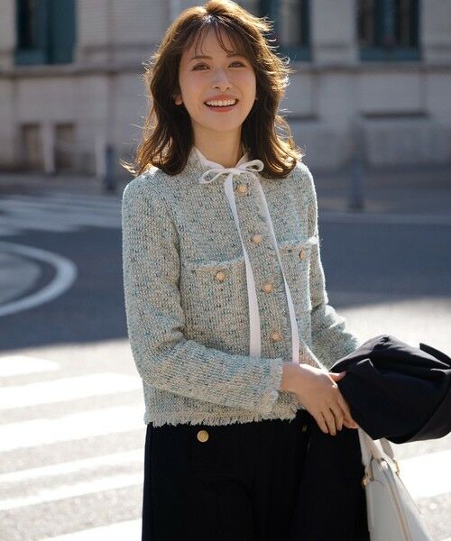 L size ONWARD(大きいサイズ) / エルサイズオンワード ノーカラージャケット | 【見上愛さん着用/新色追加/VERY掲載】ツイード ニット ジャケット（スカイブルーミックス）